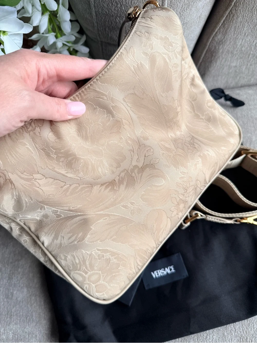 Versace Beige Floral Paisley Nylon Shoulder Crossbody Bag with Gold Chain New